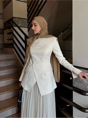 Women's Cream Asymmetric Peplum Blazer Jacket